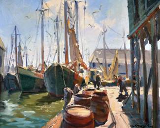 PAUL STRISIK (ROCKPORT, MA., 1918-1998) | Gloucester Wharfs. Oil on canvas . 20 x 24 in. stretcher
Signed lower, right, signed, titled on verso with pencil notation "Honorble [sic] Mention, AVSA Barbizon Plaza, New York, 1955". w. 30.5 x h. 26.5 in. (frame)