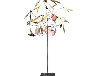 (ATTRIB.) CURTIS JERE (1910-2008) APPLE TREE | Mid-century brazed brass topiary apple tree & leaves sculpture, on a black wooden base; c. 1970s - no apparent signature. h. 48 x dia. 27 in. (approx)