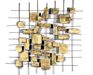 (ATTRIB.) WILLEM DEGROOT WALL SCULPTURE | Mid-century brutalist wall hanging sculpture designed with a gridwork of different size patinated metal squares and rectangles attached to a metal rod frame
w. 30.5 x h. 30.5 in.