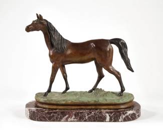 AFTER P.J. MENE BRONZE HORSE SCULPTURE | Showing a horse standing four-square on a patinated plinth -  l. 10 x w. 5 x h. 9 in. (overall with plinth)