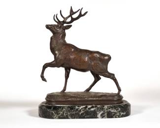 ANTOINE-LOUIS BARYE (1795-1875 | Stag with head raised. With impressed stamp signature "BARYE", no apparent foundry mark. Mounted on a black marble base
Bronze only h. 7.5 x l. 6.5 in - l. 7.25 x w. 3.25 x h. 8.5 in. (overall with base)