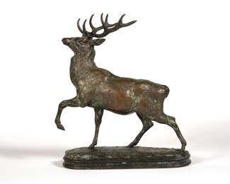 ANTOINE-LOUIS BARYE (1795-1875) | Stag with head raised. With impressed stamp signature "BARYE" on base, no apparent foundry mark - l. 6.5 x w. 2.5 x h. 7.5 in.