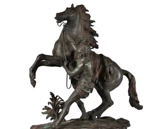 CLASSICAL HORSE SCULPTURE | Patinated metal, showing a man taming a horse; no apparent signature - l. 22 x w. 10 x h. 22.5 in.
