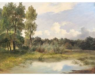 FRIEDRICH GAUERMANN (1807-1862) | Pond scene
oil on paper. 12 x 16.25 in., sight depicting trees and a cloudy sky before a pond. Signed on sheet verso according to notes from purchase - w. 23.25 x h. 19.25 in. (frame)
