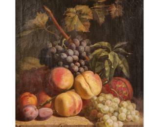 JACQUES DELANOY (1820-1890) | Still life with grapes and peaches. Oil on canvas. 22 x 18 in. Signed lower left and dated 1876 - w. 21.5 x h. 25.5 in. (frame)
