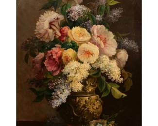 CLEMENT GONTIER (1876-1918) | tabletop still life with flowers. Signed lower right . With two Camard Dimer labels on verso - w. 28.75 x h. 36.5 in. (stretcher)