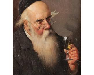 ALOIS HEINRICH PRIECHENFRIED (1867-1953) | Rabbi with a glass of wine. Oil. Signed upper right
In a gilt cove frame with artist's plaque. 4.25 x 3.25 in. (sight) - w. 10.25 x h. 12.25 in. (frame)