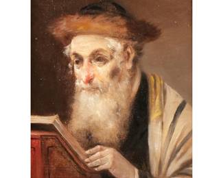 LAJOS KOLOZSVARY (1871-1937) | Rabbi reading with a fur hat. Oil on canvas. Signed upper right. In a cove frame with artist's plaque. 8.5 x 6.25 in. (stretcher) - w. 14.25 x h. 16.25 in. (frame)
