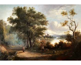 BRITISH SCHOOL (20TH CENTURY) | A walk in the park. Oil on canvas. 18 in. x 26 in. Riverside scene with boats and figures on a pathway, no apparent signature - l. 33.5 x w. 2.5 x h. 26 in. (frame)
