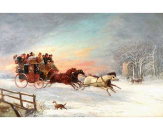 SAMUEL HENRY GORDON ALKEN (1810-1894) | Winter. Oil on board. 33.5 x 22 in. Showing riders in a carriage in a snowy landscape before a sunset
No apparent signature, in a gilt frame with plaque bearing artist's name and title. - w. 38 x h. 26.25 in. (frame)