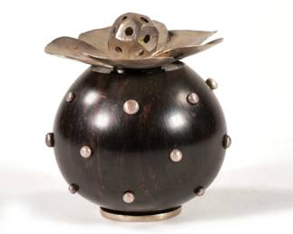 HANA BAHAR PANETH (ISRAELI, 20TH CENTURY) PERFUME BOTTLE | Hanah Bahar Paneth, Israel, sterling silver and wood perfume bottle with flower petal form stopper, signed and dated 1994 on bottom
 - h. 3 x dia. 3.25 in.
