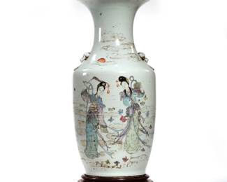 ANTIQUE CHINESE VASE | Showing two female figures, with lions' heads on sides, calligraphy on backside, no markings on the bottom; on a wood stand
 - h. 17.25 x dia. 8 in. (vase only)