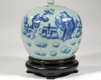 CHINESE BLUE & WHITE GINGER JAR | With a conforming carved wooden stand - h. 8 x dia. 8.5 in. (jar only)