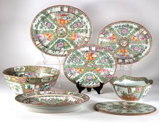 (6pc) CHINESE FAMILLE ROSE & OTHER PORCELAIN | Including an oval dish with frog for flowers, a large center bowl (h. 5.5 x dia. 13.5 in.), a set of three nesting oval platters, and a smaller bowl with shaped rim
