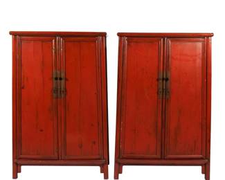 (2pc) PAIR CHINESE RED LACQUER CABINETS | double cabinet doors, tapering form, brass hardware - l. 40 x w. 20 x h. 60 in. (each)