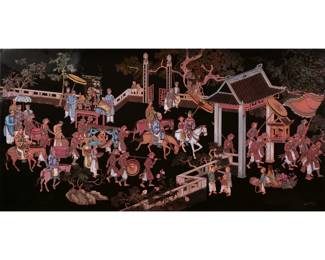 CONTEMPORARY LACQUER DECORATED PANEL
 | Showing figures engaged in various activities - w. 71 x h. 35.5 in.