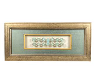 (13pc) ANCIENT CHINESE COINS | Twelve round coins and a shaped coin or other device (l. 1.75 in.), float mounted in a silvered frame - w. 22.5 x h. 10 in. (frame)