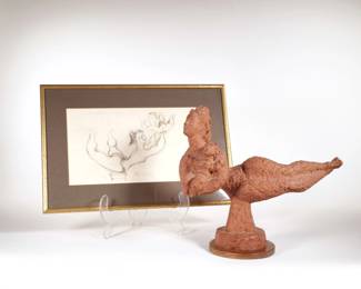 (2pc) CHAIM GROSS (1902-1991) SCULPTURE & ETCHING | Mother and Child. Ceramic figure on wood plinth. Plus, a matching etching in a wooden frame, pencil signed lower right (h. 12 x 17.5 in., frame) - l. 15 x w. 5.5 x h. 12.5 in. (figure)