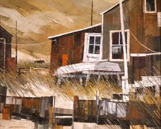 ALBERT SWAYHOOVER (B. 1931) | White Pram
Oil on canvas. Signed lower left and dated '70, pencil signed and titled on verso. 20 x 24 in. - w. 32 x h. 28 in. (frame)