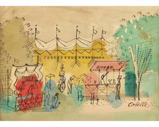 CHARLES COBELLE (1902-1998) | Carnival scene
showing figures before a big tent. Oil on canvas mounted on board. 12.75 x 16.5 in., board - w. 22 x h. 18.5 in. (frame)