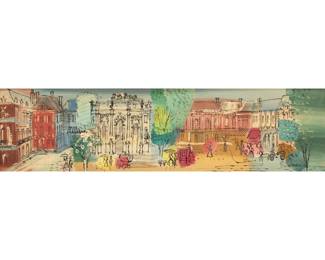 CHARLES COBELLE (1902-1998) | Parisian Park cityscape. Oil on Masonite. Showing figures and trees in a park plaza setting. Signed lower right. h. 10 x 36 in., board - w. 42 x h. 15.5 in. (frame)