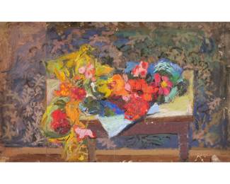 MIXED MEDIA STILL LIFE SKETCH | Still life with flowers. Oil on paper laid on board. No apparent signature - w. 22.75 x h. 14.5 in. (overall)