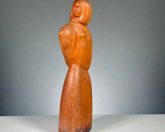 ATTRIB. LINTON (20TH CENTURY) | Female figure in robes. Modernist carving showing a figure of a woman wearing a hooded robe. No apparent signature - w. 5 x h. 16 in.