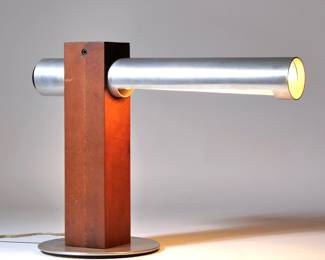 CONTEMPORARY DESK LAMP | Aluminum and oak with rheostat switch, having an Underwriter's Laboratory, Inc. Portable Lamp Issue No. C-2022 label on bottom - l. 18.5 x w. 8 x h. 13.5 in.