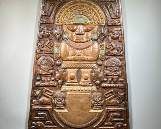 CENTRAL/ SOUTH AMERICAN PRESSED COPPER PANEL | Showing Mayan devices with applied blue and gold paint - w. 28 x h. 36 in. 