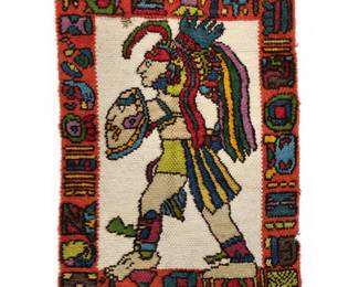 AZTEC DECORATED RUG | Mid-century woven high pile rug with an Aztec figure with shield and crown on a beige background in an orange border of various patterns - l. 56 x w. 42 in.