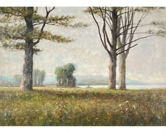 AMERICAN SCHOOL OIL PAINTING (19TH/20TH CENTURY) | Countryside scene with wildflowers, lake, and rolling hills in gilt frame. - w. 26 x h. 19.5 in.