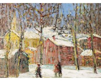 DAVID DALY (NEW YORK, 20TH CENTURY) | The Village Street. Oil on masonite. 15.75 x 12 in. Showing figures in a snowy landscape town seen. Signed lower left, titled and with artist's address on verso. - w. 23 x h. 19 in. (frame)