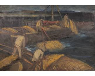 AUSONIO TANDA (1926-1988) | Fisherman hauling nets. Oil on canvas. Signed lower right and dated 59 - w. 40 x h. 28.5 in. (frame)
