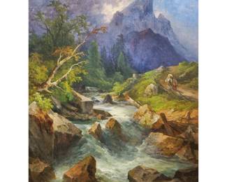 GEORG GEYER (1823-1912) | Mountain Landscape with River. Oil on board. 25.5 x 19 in., board. Signed lower right. - w. 25 x h. 31 in. (Frame)

