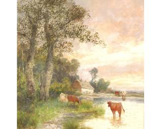 GEORG FISCHHOF (1859-1914) | Cows grazing beside a pond. Oil on board. 12.5 x 10 in. board. Signed lower left