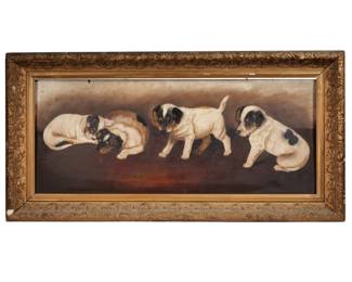 AMERICAN SCHOOL (19TH/20TH CENTURY) | Puppies looking at a spider. Oil on board. No apparent signature. - 10 x 24 in.