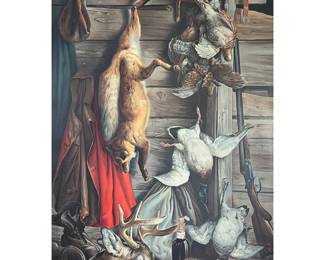 ARTHUR WILLIAM WOELFLE (1873-1936) "AFTER THE HUNT" LITHOGRAPH | Paul Jones "After the Hunt" Tin Lithograph by Woelfle in large shadow box with gilt frame. 31 x 47in sight - l. 43 x h. 57 in.