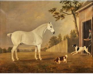 AMERICAN SCHOOL (19TH CENTURY) HORSE PAINTING | White horse in a pasture scene. Oil on canvas. 22 x 28 in. stretcher.  showing a white horse standing four-square, with two playful dogs and a male figure emerging from a doorway. No apparent signature - w. 33 x h. 27 in. (frame)