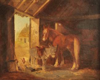 ENGLISH SCHOOL (19TH CENTURY) | Interior barn scene. Oil on canvas. 17.25 x 20 in. Showing a horse and a donkey with saddle. No apparent signature, stretcher marked "G. MORLAND" - w. 23.5 x h. 20.5 in. (frame)
