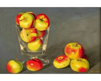 SONDRA LIPTON (20TH CENTURY) | Still life of apples in a glass. Oil on board with lacquer. Signed lower right. 3.5 x 5.25 in. sight - w. 9.5 x h. 8 in. (frame)