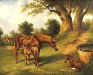 ENGLISH SCHOOL (20TH CENTURY) | Horse with foals. Oil on board. 15.5 x 19 in. Signed and dated "Robert Alexander 1939" lower right. In gilt frame. - w. 23.5 x h. 19.5 in. (frame)