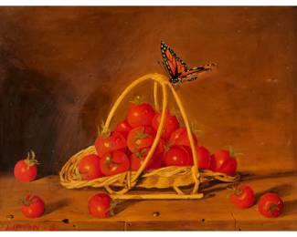 SONDRA LIPTON (20TH CENTURY) | Still life with tomatoes and butterfly. Oil on board with lacquer. 4.5 x 6 in., sight. - w. 9.5 x h. 8 in. (frame)