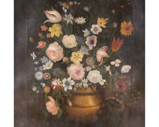 DUTCH/FLEMISH SCHOOL STILL LIFE | Still life with flowers. Oil on canvas. 24 x 29.5 in. (approx.) Showing flowers in an urn. Signed "S. Van Petrus / Brussel" lower left - w. 32.25 x h. 37.25 in. (frame)