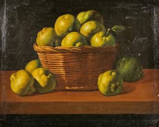 OIL ON CANVAS STILL LIFE | Basket with fruits. Oil on canvas. No apparent signature. No apparent signature.  - w. 28.25 x h. 23.75 in. (frame)