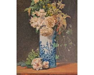 STILL LIFE WITH FLOWERS | Blue and white vase with flowers. Signed lower right, partially obscured by frame. 13 x 8.75 in. - w. 11.5 x h. 15.5 in. (frame)