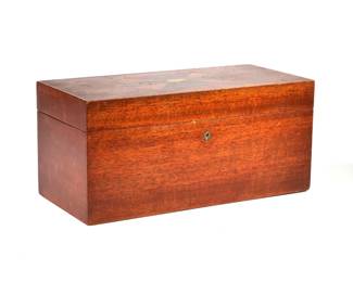 ANTIQUE INLAID WOOD BOX | Having a hinged lid with parquetry inlay with contrasting woods, with two layered pink velvet lined interior - l. 12.5 x w. 5.75 in.