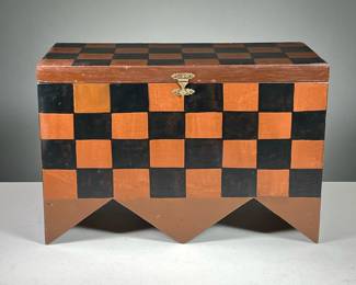POLYCHROME DECORATED BOX | Red and black checkered box with a hinged lid and shaped bottom, hand painted in the style of Vienne Moderne - l. 16 x w. 8 x h. 10.5 in.