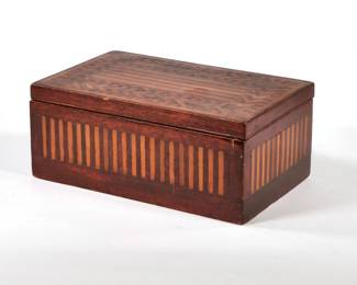 PARQUETRY WOOD BOX | Having a hinged lid and a velvet lined interior, with all over parquetry of inlaid contrasting woods on lid and sides - l. 9.5 x w. 6 x h. 4 in.