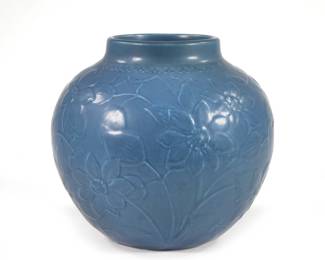 ROOKWOOD POTTERY VASE | Rookwood pottery vase with floral decoration in blue mat glaze, marked on the bottom XXVII and no. 2691 - h. 6.5 x dia. 7 in.