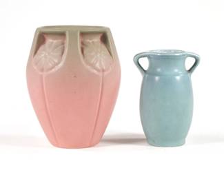 (2pc) ROOKWOOD POTTERY VASES | Including a blue mat glaze vase of small size with double handles (XXIII, no. 2557) and a pink and green mat glaze vase (XXXII, no. 2380 and with cross mark), both with impressed stamp marks